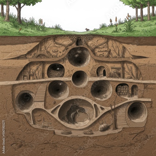 Detailed cross section illustration of a complex underground burrow system with a mole