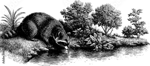 Raccoon foraging by woodland pond dotwork illustration with nature scene