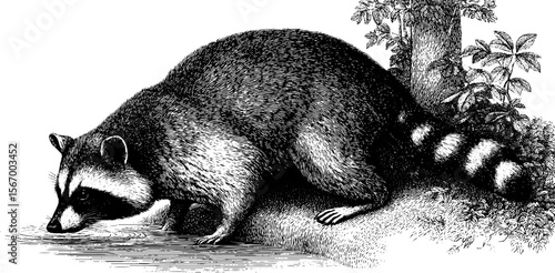 Raccoon foraging by woodland pond in dotwork style - hand drawn engraving for nature designs