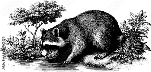 Raccoon foraging by woodland pond in vintage dotwork illustration