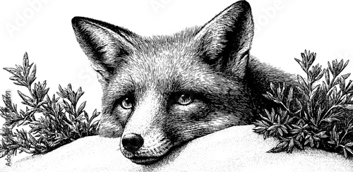 Red fox observing from snowy hilltop behind winter foliage - vintage hand drawn wildlife art