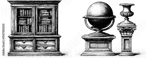 Vintage renaissance library with tall bookcases and globe sketch for retro design