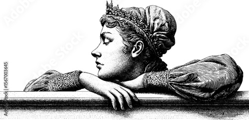 Renaissance noblewoman seated at balcony - vintage hand drawn engraving for historical design