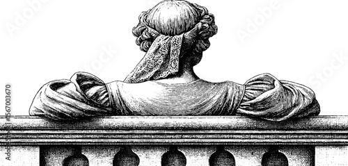 Renaissance noblewoman in elegant attire seated at balcony
