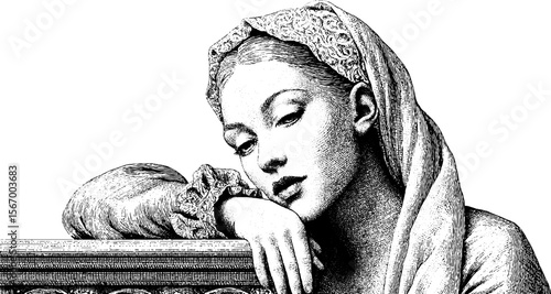 Renaissance noblewoman seated at balcony in vintage hand drawn style