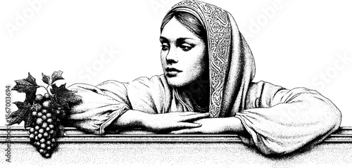 Renaissance noblewoman in thought at balcony with grapes motif engraving