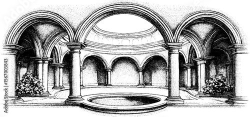 Vintage roman bath complex with mosaic floor and vaulted ceilings - hand drawn engraving for retro decor