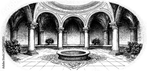 Vintage roman bath complex with mosaic floor and vaulted ceilings illustration