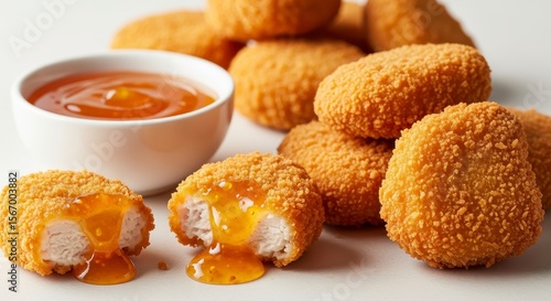 Wallpaper Mural Crispy golden chicken nuggets with a bowl of sweet and tangy dipping sauce on a white surface. Torontodigital.ca