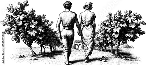 Romantic roman couple strolling near vineyard amidst ancient architecture