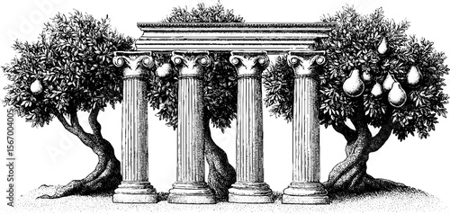 Ancient roman forum ruins with fig tree and broken columns - vintage sketch for decorative prints