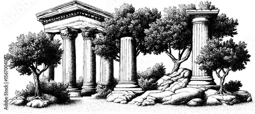 Roman forum ruins with broken columns and fig trees - vintage hand drawn sketch for historical design