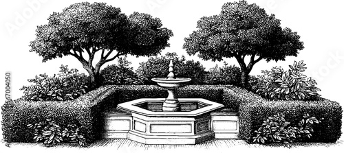 Vintage roman garden sketch with trimmed hedges and central fountain for design and decor