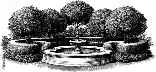 Vintage roman garden sketch with trimmed hedges and central fountain illustration