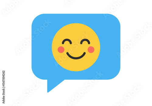 Smiling Emoji in Blue Speech Bubble with Rosy Cheeks Happy Face.