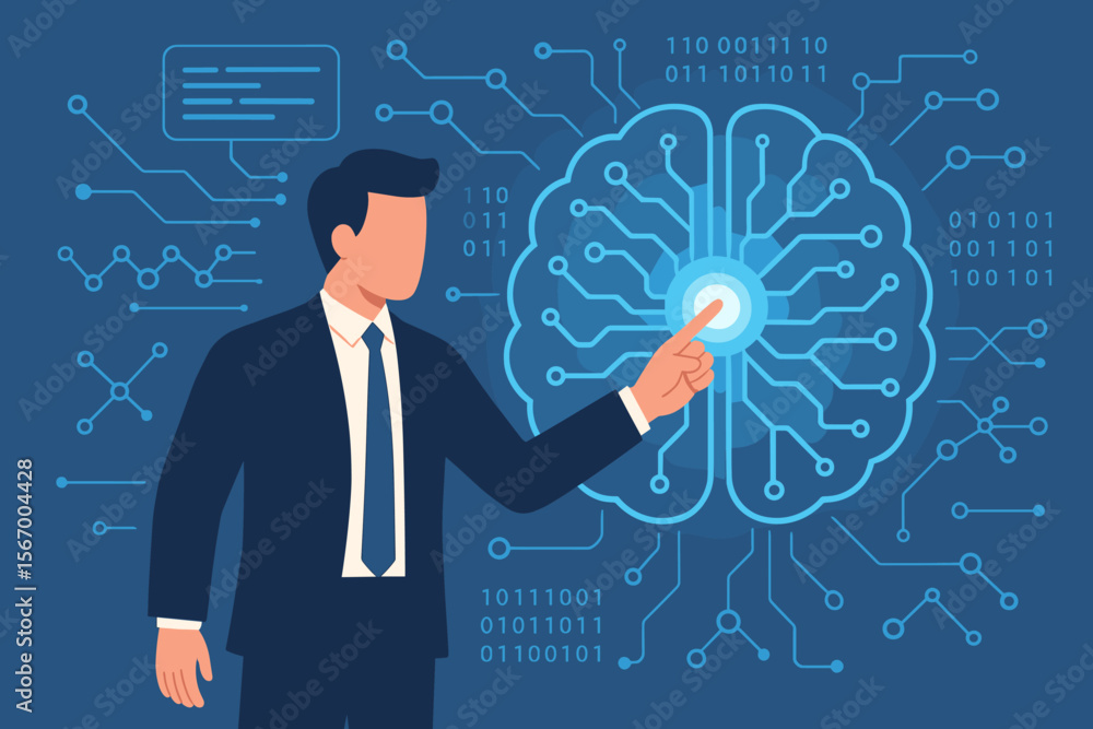 AI technology concept. Businessman interacts with a digital brain interface. Artificial intelligence, algorithm, data processing, software development, and synchronizing a network. AI technology concept. Businessman interacts with a digital brain interface. Artificial intelligence, algorithm, data processing, software development, and synchronizing a network.