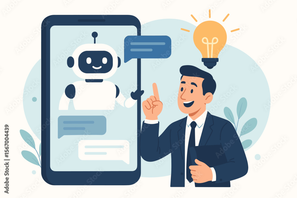 Businessman chatting with AI chatbot on smartphone. Man gets innovative idea and solution for business task. Artificial intelligence technology, online customer support concept vector. Businessman chatting with AI chatbot on smartphone. Man gets innovative idea and solution for business task. Artificial intelligence technology, online customer support concept vector.
