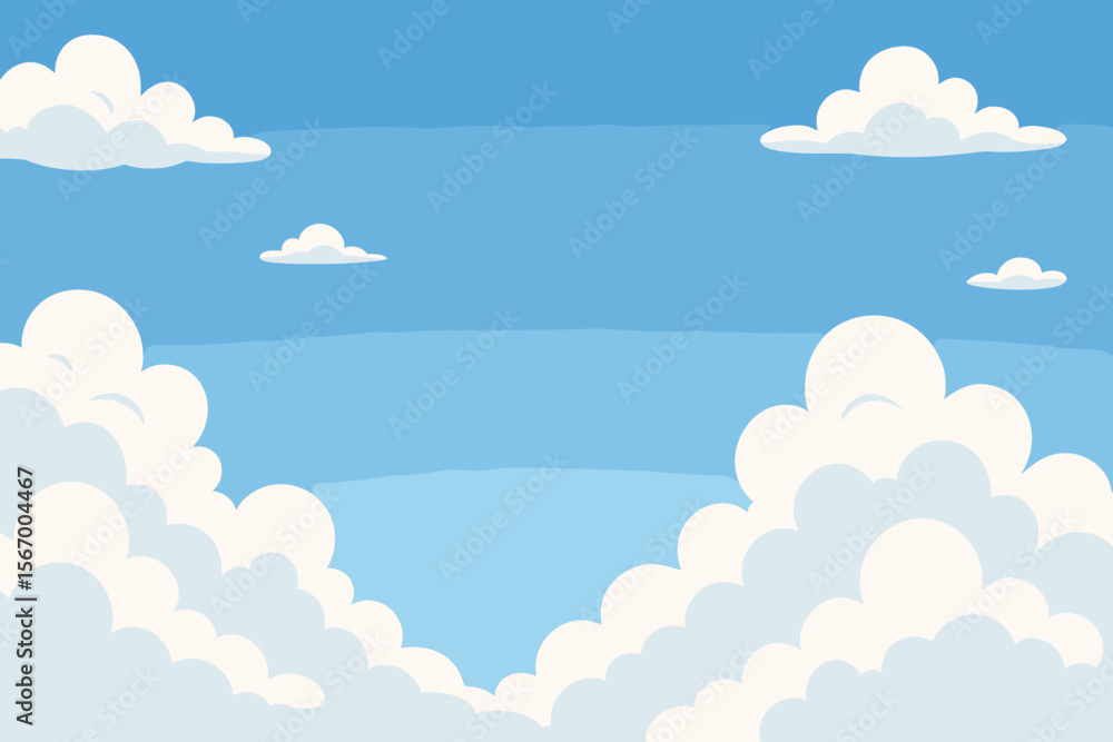 Blue sky with white clouds background. Modern flat cartoon vector illustration of a summer day scene. Simple nature landscape for backdrop with copy space for text. Weather concept. Blue sky with white clouds background. Modern flat cartoon vector illustration of a summer day scene. Simple nature landscape for backdrop with copy space for text. Weather concept.