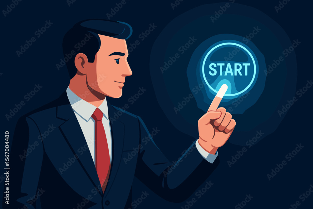 Businessman presses start button on virtual screen. Metaphor for new beginning, launching business project. Future technology, innovation, success concept. Man finger touching display. Businessman presses start button on virtual screen. Metaphor for new beginning, launching business project. Future technology, innovation, success concept. Man finger touching display.
