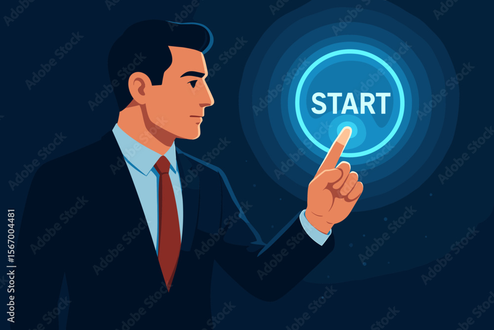 Businessman pressing start button. Business concept. Future technology. Project launch. New beginning. Career opportunity. Digital innovation. Man hand push glowing interface. Vector. Businessman pressing start button. Business concept. Future technology. Project launch. New beginning. Career opportunity. Digital innovation. Man hand push glowing interface. Vector.