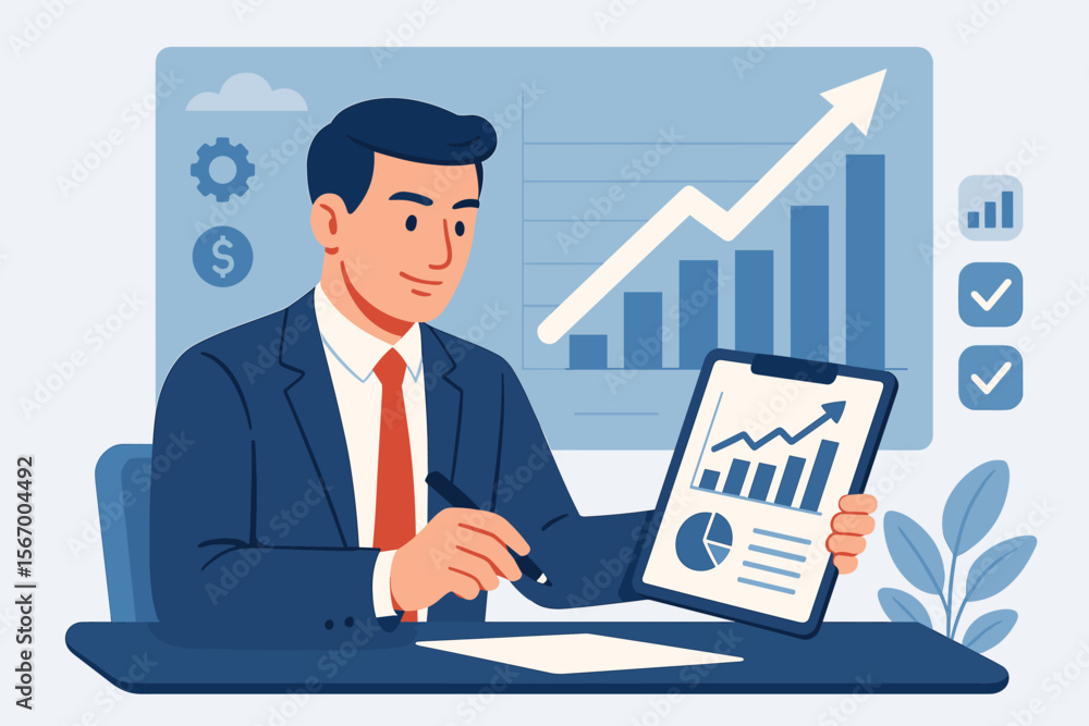 Businessman analyzing financial data for investment. Manager with report on tablet showing profit growth chart. Corporate strategy success. Business analytics and statistics concept. Businessman analyzing financial data for investment. Manager with report on tablet showing profit growth chart. Corporate strategy success. Business analytics and statistics concept.