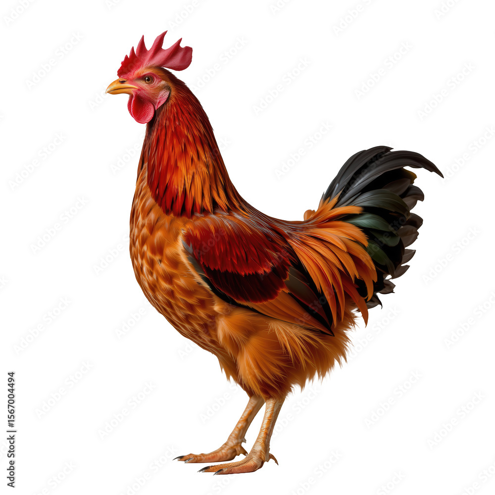 Fototapeta premium Vibrant Rooster Standing Proudly with Colorful Feathers Against a Neutral Background