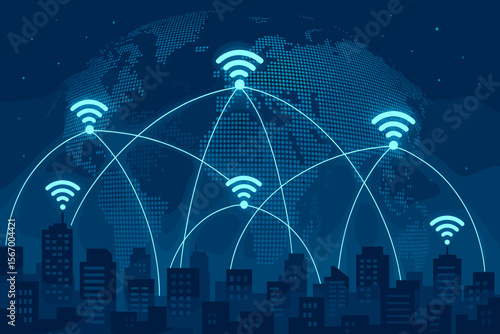 Global telecommunication network connection concept. Wireless communication, cyber technology, and internet modernization. Smart city with 5G connectivity and data transmission over a world map.