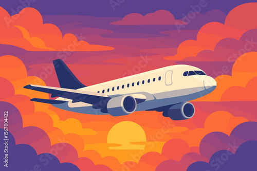 Airplane flying in a colorful sky with clouds at sunset. Commercial passenger jet in flight for a travel, vacation or business trip. Modern flat cartoon vector illustration concept.