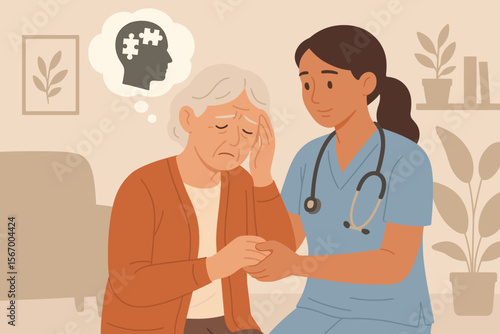 Alzheimer's and Parkinson's disease concept. Elderly woman with dementia and memory loss receiving support from a nurse or caregiver. Senior home care for neurological disorders.
