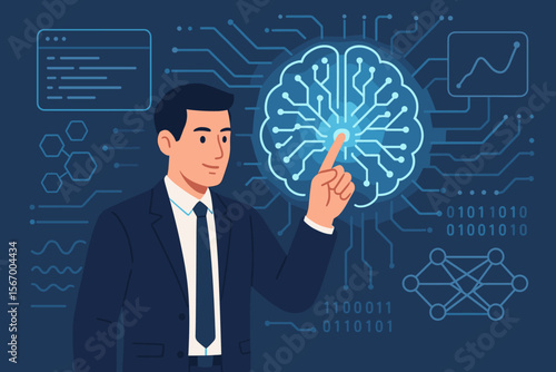 AI technology concept with a businessman touching a glowing digital brain. Artificial intelligence, machine learning, data processing, and algorithms for future business innovation.