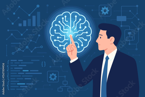 Businessman touching a digital brain. AI technology concept. Artificial intelligence, machine learning, data analysis, and future business innovation. Neural network algorithm illustration.
