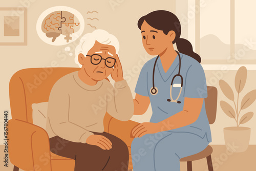 Alzheimer's and Parkinson's disease concept. Elderly woman with memory loss from dementia. Nurse provides support and home care for a senior patient. Brain puzzle metaphor for neurology.
