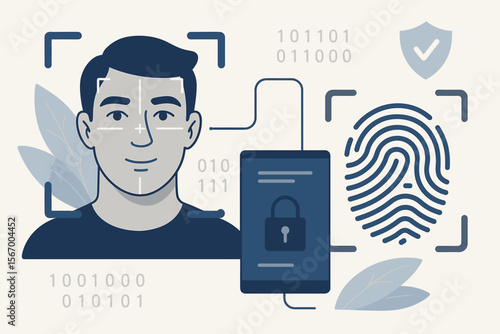 Biometric authentication technology vector concept. Human face recognition and fingerprint scan for security access control. Digital identity verification flat cartoon illustration.