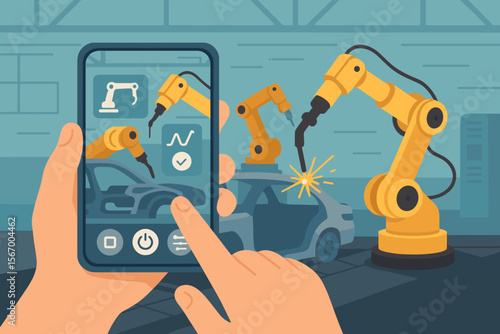 Augmented reality in the automotive industry. Hand with smartphone uses an AR app to control welding robotic arms on a car assembly line. Smart factory, Industry 4.0, and automation concept.