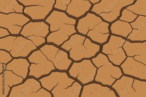 Dry cracked earth texture background. Seamless pattern of arid desert soil. Concept of drought, global warming, climate change. Barren land, cracked mud ground vector illustration.