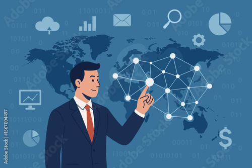 Businessman touching global network. Concept for business intelligence, data science, digital marketing, finance, banking, AI technology. Global data exchange and analysis connection.