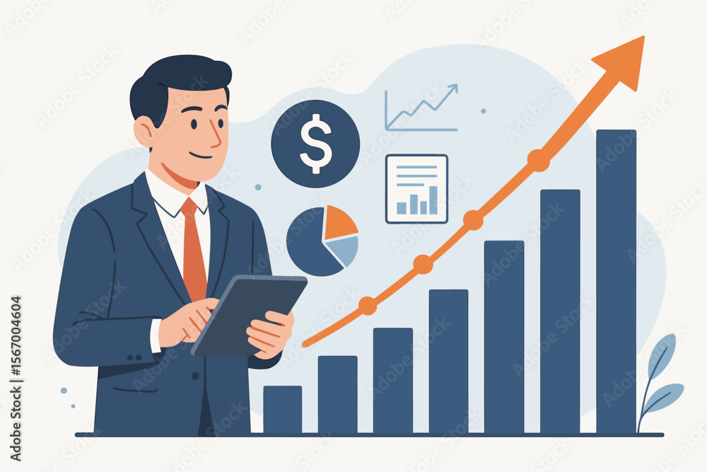 Businessman using tablet for financial analysis and economic growth. Investment concept with business graph, stock market statistics, asset management, and yearly tax report. Businessman using tablet for financial analysis and economic growth. Investment concept with business graph, stock market statistics, asset management, and yearly tax report.
