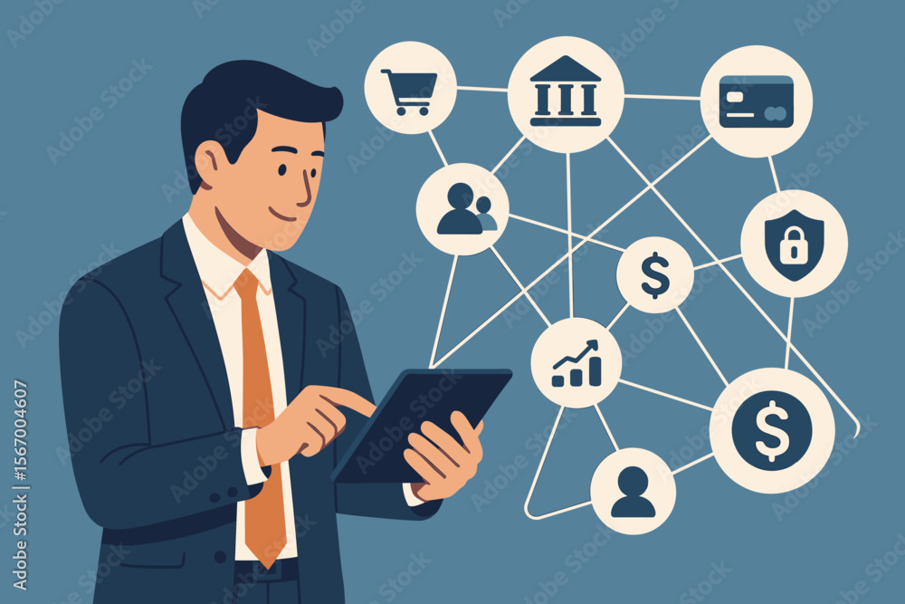Businessman using tablet for online banking and secure payments. Financial technology concept with network icons. Digital marketing, e-commerce, investment and customer data analysis. Businessman using tablet for online banking and secure payments. Financial technology concept with network icons. Digital marketing, e-commerce, investment and customer data analysis.