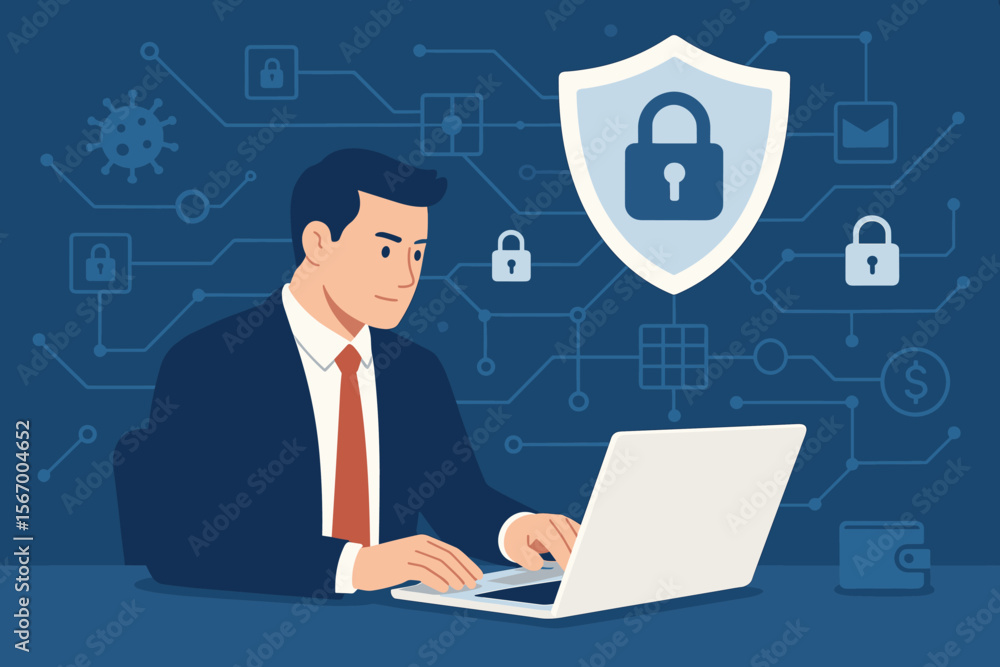 Cybersecurity concept. Businessman with laptop protects network from cyber attacks. Blockchain technology for secure financial banking data. Encryption and internet privacy protection. Cybersecurity concept. Businessman with laptop protects network from cyber attacks. Blockchain technology for secure financial banking data. Encryption and internet privacy protection.