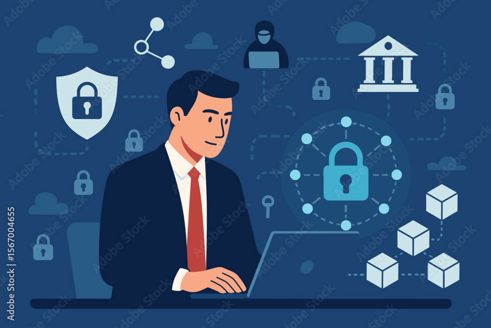 Cyber security concept. Businessman with laptop protecting network from cyber attacks. Blockchain technology and financial data privacy. Encryption and secure banking metaphor illustration. Cyber security concept. Businessman with laptop protecting network from cyber attacks. Blockchain technology and financial data privacy. Encryption and secure banking metaphor illustration.