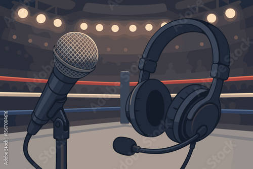 Announcer or commentator equipment with microphone and headset in the middle of a boxing ring. Concept for live broadcast, sports journalism, podcast, interview, or fight night.