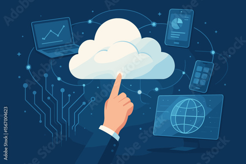 Cloud computing technology concept. Hand pointing at data storage server. Network connection. Information sharing. Laptop, phone, tablet devices. IT business infrastructure vector.