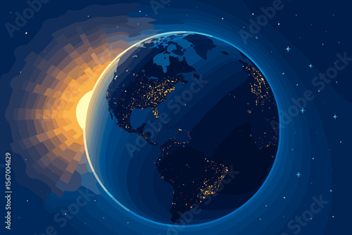 Planet Earth from space with city lights of North and South America at night. Sun rising over the glowing horizon. Modern vector illustration. Concept global network, technology.