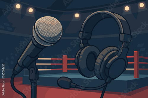 Ringside announcer setup with microphone and headphones for live sports commentary. Empty boxing ring in a stadium background. Fight night broadcast or podcast vector concept.