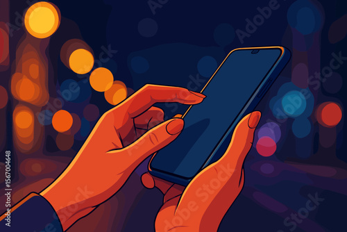Woman hands using smartphone at night with city light bokeh background. Female finger touching mobile phone screen. Concept of communication, social media, app, connection, digital lifestyle.