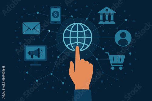 Digital marketing and business technology concept. Hand touching a global network connecting online shopping, mobile payments, banking, and customer data. Internet e-commerce illustration.