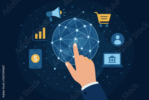 Digital marketing and business technology concept. Hand touching global network for online shopping, mobile payments, and banking. Customer data analysis and fintech illustration.