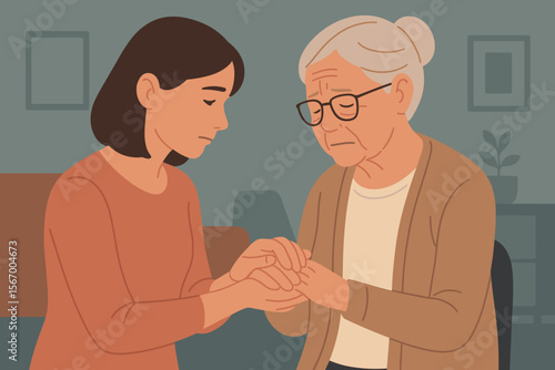 Daughter holding hands, supporting elderly mother with Alzheimer's disease. Concept for dementia, memory loss, Parkinson's. Family care, love, support for a senior parent. Sad.