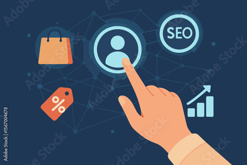 Digital online marketing and e-commerce concept. Hand touching a customer icon. Search engine optimization for user acquisition, sales growth, and data analysis on a virtual network.