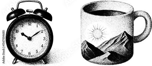 Vintage morning vibes with alarm clock and sunrise coffee mug sketch